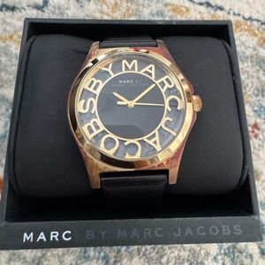 Marc Jacobs Gold and Black Logo Watch with black leather strap